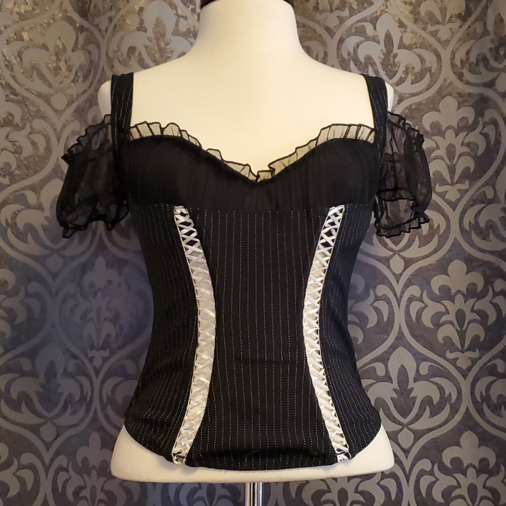 Frederick's sz 34 black w/ white pinstrips corset